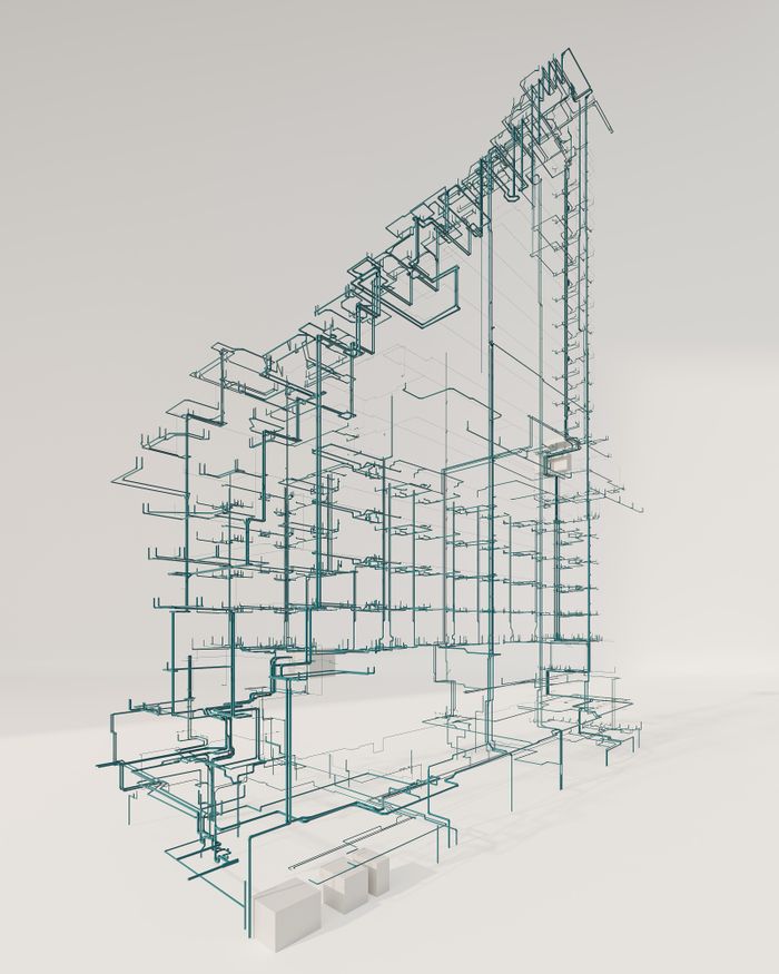 Intricate 3D rendering of a building's structural and MEP systems.