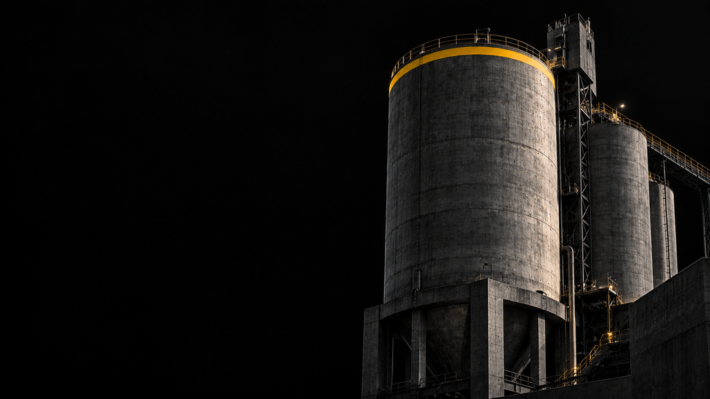moody industrial silos at night